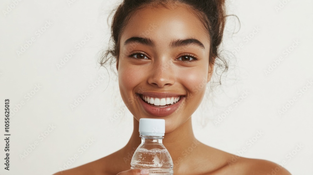 Smiling woman with water bottle, drinking and looking refreshed, isolated on white xac Smiling woman with water bottle, drinking and looking refreshed, isolated on white xac