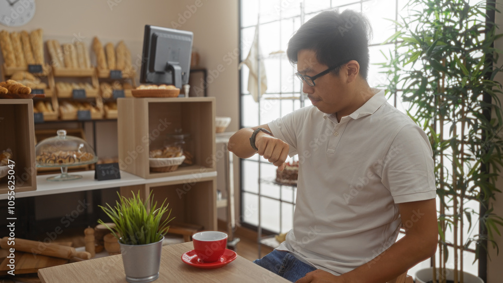 Young man sitting in a bakery checking his watch with a red coffee cup on the table and shelves of bread in the background Young man sitting in a bakery checking his watch with a red coffee cup on the table and shelves of bread in the background