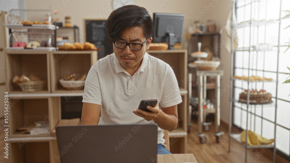 Handsome young man wearing glasses and white polo shirt using smartphone and laptop in a cozy bakery with various pastries on display shelves Handsome young man wearing glasses and white polo shirt using smartphone and laptop in a cozy bakery with various pastries on display shelves