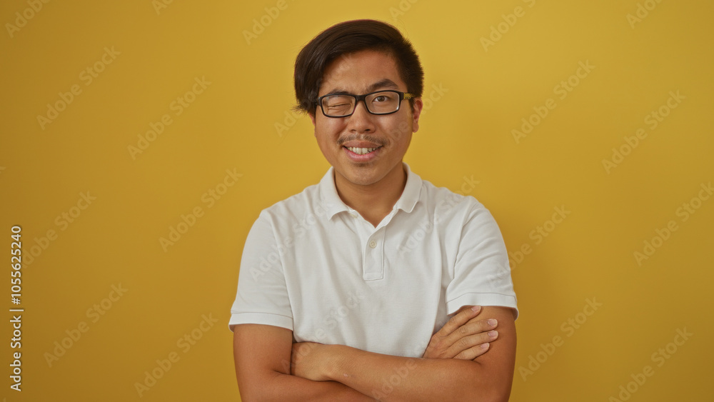 Obraz premium Young, handsome, chinese man in a white shirt smiling and winking while standing with folded arms against a vibrant yellow background