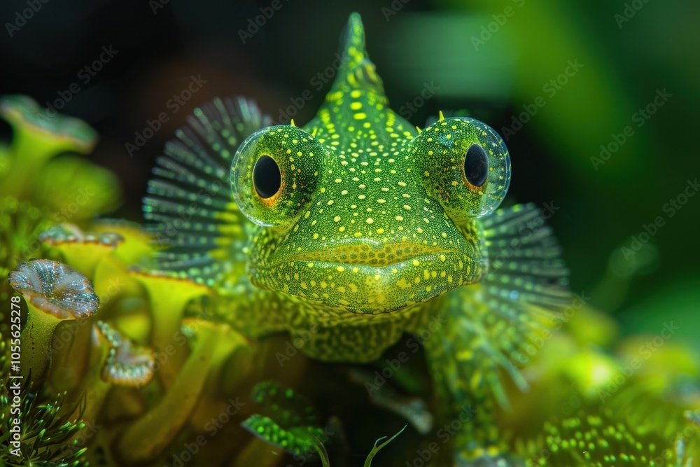 Close-up shot of a vibrant green gecko with intricate patterns and large, expressive eyes, perched on a brightly colored plant in its natural habitat Close-up shot of a vibrant green gecko with intricate patterns and large, expressive eyes, perched on a brightly colored plant in its natural habitat