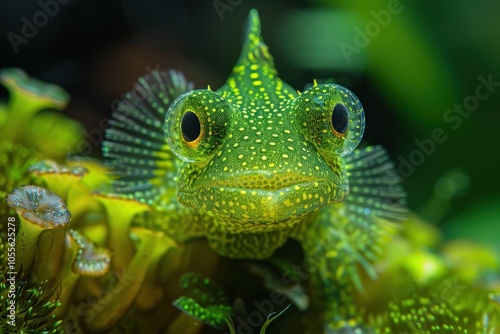 Close-up shot of a vibrant green gecko with intricate patterns and large, expressive eyes, perched on a brightly colored plant in its natural habitat