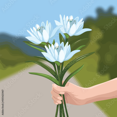 Close-up of a hand holding exquisite white flowers with green leaves