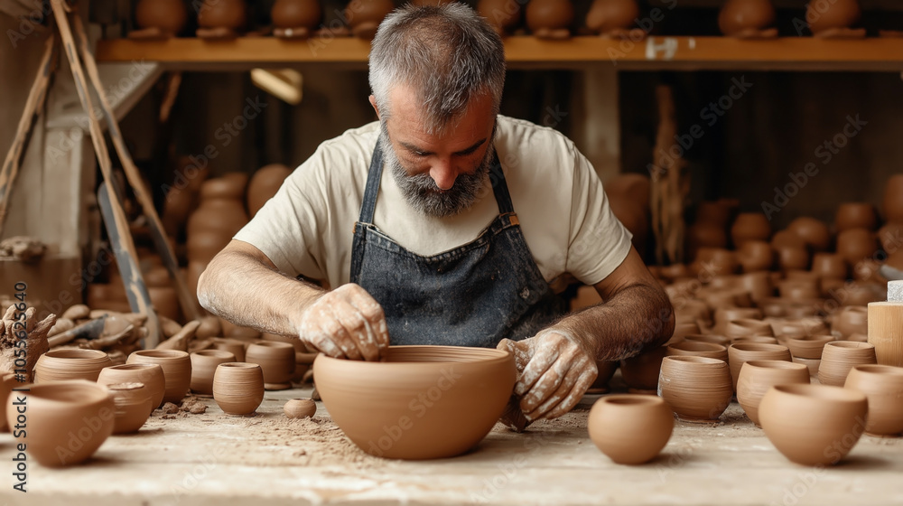 Male potter in workshop shaping large clay pot surrounded by various finished pottery pieces on wooden table. Male potter in workshop shaping large clay pot surrounded by various finished pottery pieces on wooden table.