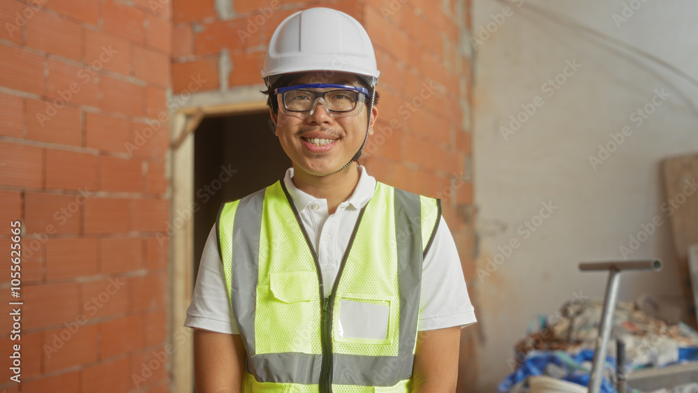 Young, chinese, man, smiling at an indoor construction site wearing safety gear and a helmet in front of a partially built structure Young, chinese, man, smiling at an indoor construction site wearing safety gear and a helmet in front of a partially built structure