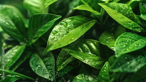Close-up of Green Leaves with Dew Drops