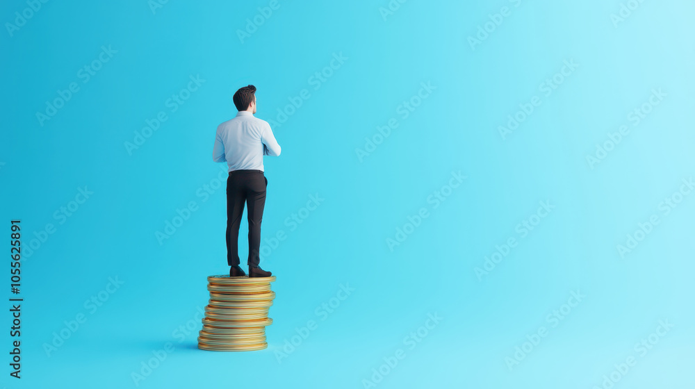 businessperson standing on stack of coins, contemplating value and success against bright blue background. This symbolizes financial growth and ambition businessperson standing on stack of coins, contemplating value and success against bright blue background. This symbolizes financial growth and ambition