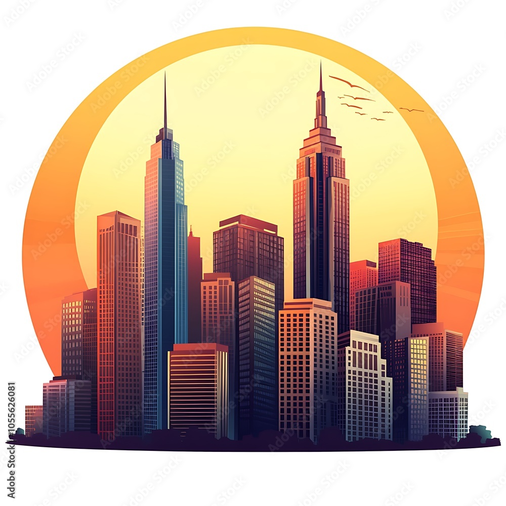 Cartoon city skyline with skyscrapers and a sunset backdrop on a white background. Cartoon city skyline with skyscrapers and a sunset backdrop on a white background.
