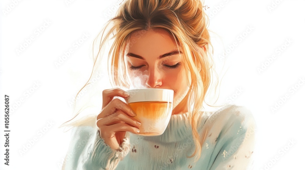 Woman drinking warm tea with a calm expression, looking cozy and relaxed, isolated on white Woman drinking warm tea with a calm expression, looking cozy and relaxed, isolated on white