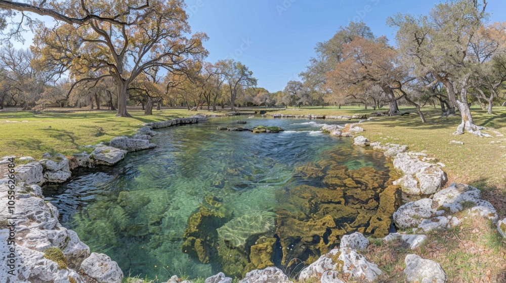 A tranquil, picturesque landscape features a vivid, rocky river and a serene grove with autumn-colored trees, set under a clear blue sky, embodying nature's peaceful allure A tranquil, picturesque landscape features a vivid, rocky river and a serene grove with autumn-colored trees, set under a clear blue sky, embodying nature's peaceful allure