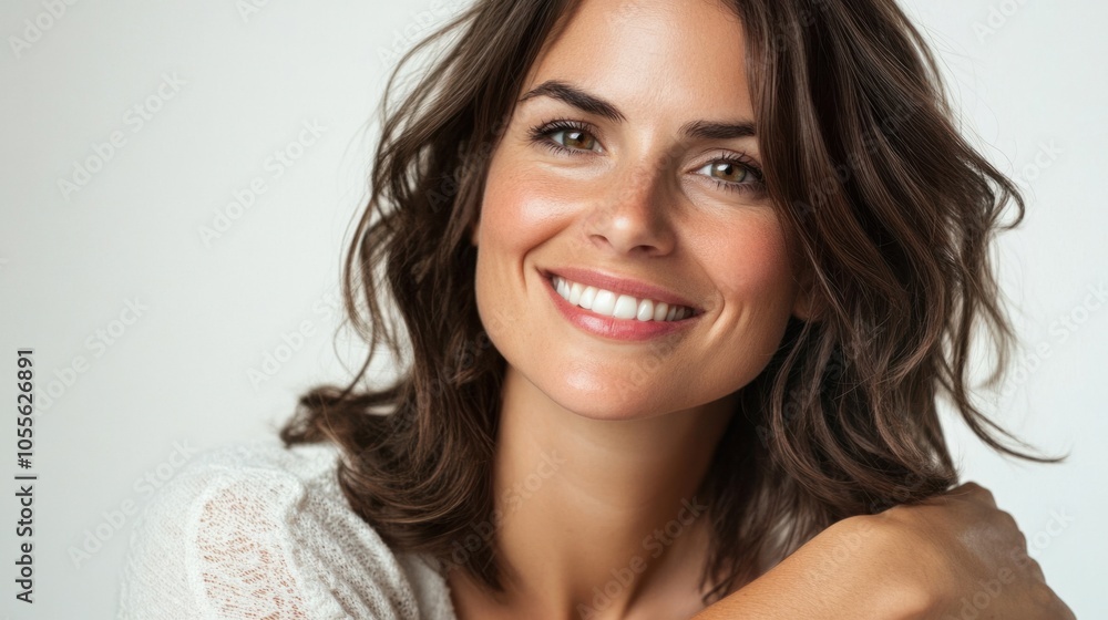 Woman with medium-length hair, soft makeup, and cheerful expression, appearing happy and approachable, isolated on white Woman with medium-length hair, soft makeup, and cheerful expression, appearing happy and approachable, isolated on white