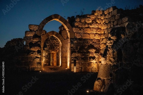 Kochav HaYarden Fortress at Night, Illuminated Ruins in Israel