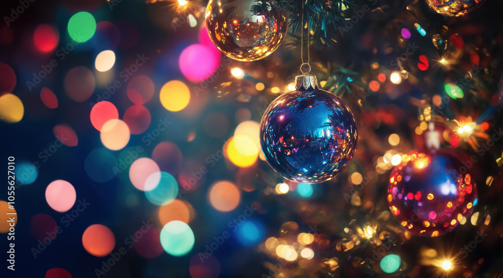 Colorful christmas balls hanging on a christmas tree with beautiful bokeh lights in the background with copy space for text Colorful christmas balls hanging on a christmas tree with beautiful bokeh lights in the background with copy space for text