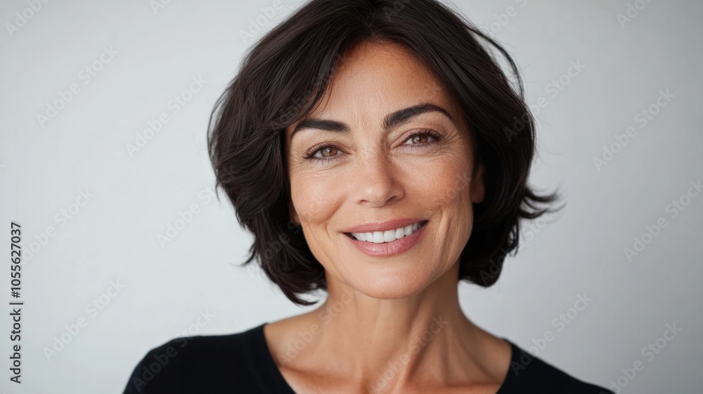 Woman with short bob haircut, subtle makeup, and a welcoming smile, appearing friendly and approachable, isolated on white Woman with short bob haircut, subtle makeup, and a welcoming smile, appearing friendly and approachable, isolated on white