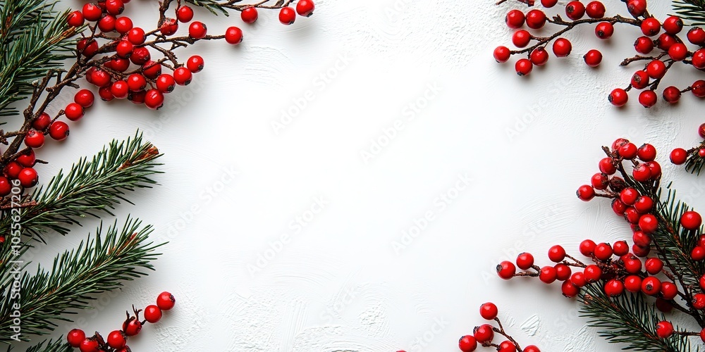Holiday frame with red berries and green fir branches. Holiday frame with red berries and green fir branches.