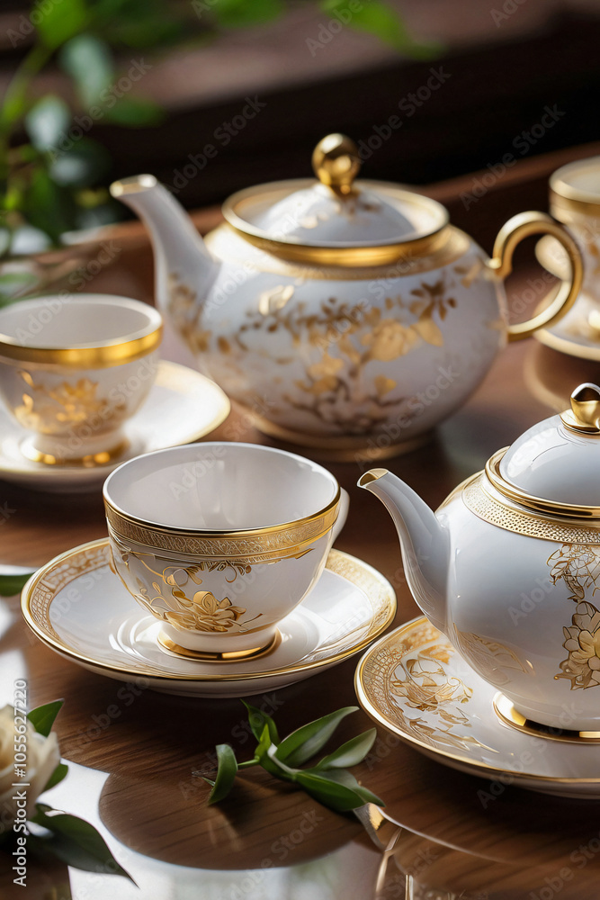 The image shows a porcelain tea set with floral patterns and gold accents, viewed from a top angle. teapot, cups, and saucers rest on a round metallic tray. Soft, warm lighting enhances the elegance. The image shows a porcelain tea set with floral patterns and gold accents, viewed from a top angle. teapot, cups, and saucers rest on a round metallic tray. Soft, warm lighting enhances the elegance.