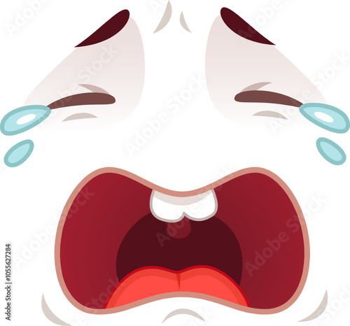 Cartoon face shows deep sadness, tears streaming down, mouth open in despair, embodying grief, sorrow, and pain.