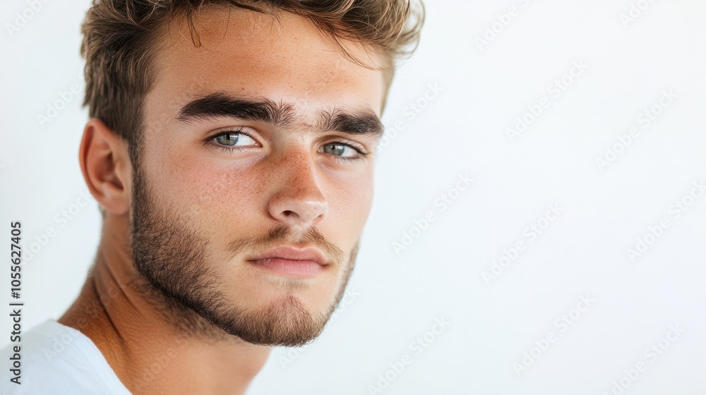 Fototapeta premium Young man with a light beard, short hair, and relaxed expression, appearing approachable and confident, isolated on white