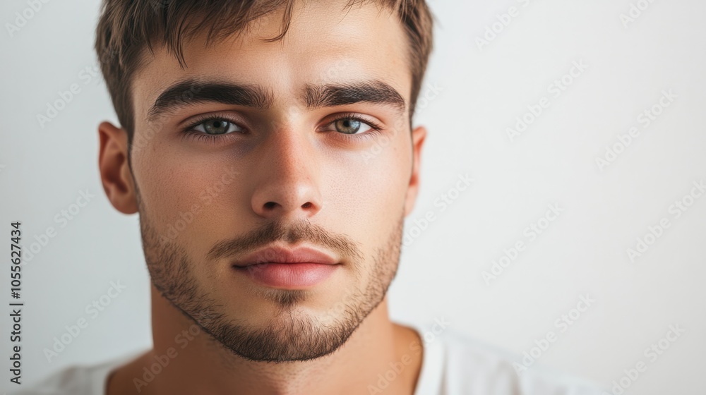 Young man with a sharp jawline, short haircut, and confident gaze, looking into the camera, isolated on white Young man with a sharp jawline, short haircut, and confident gaze, looking into the camera, isolated on white