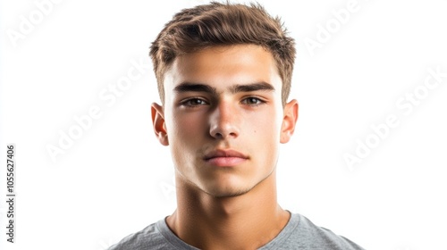 Young man with a sharp jawline, short haircut, and confident gaze, looking into the camera, isolated on white