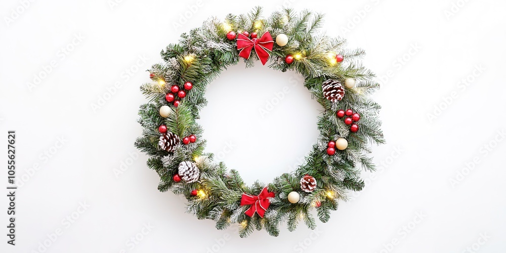 Festive Christmas wreath with pine cones and red bows. Festive Christmas wreath with pine cones and red bows.
