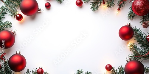 Festive border with red baubles and greenery photo