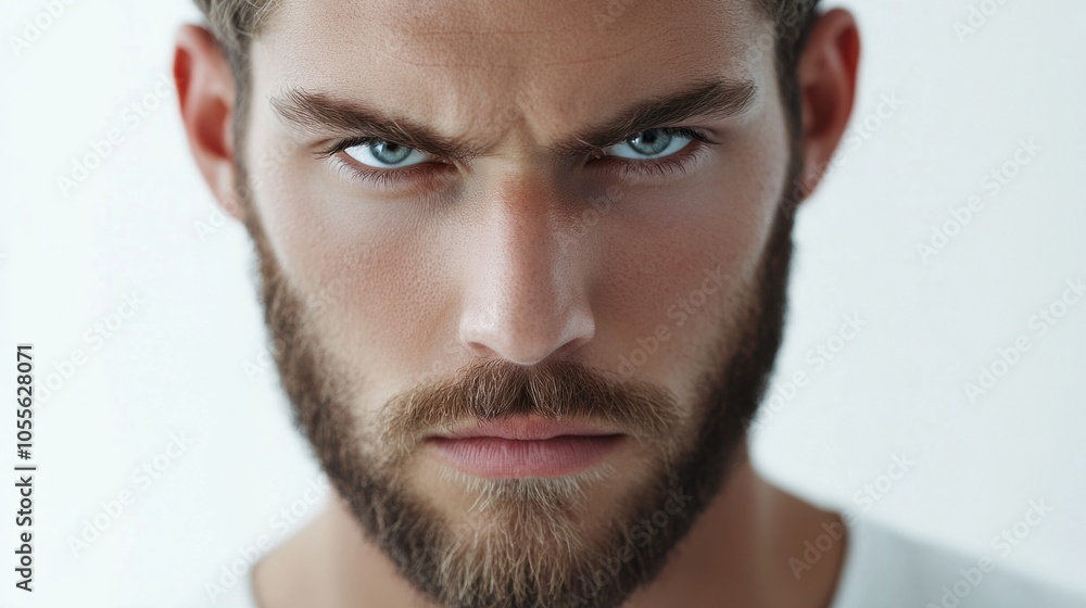 Young man with trimmed beard, deep-set eyes, and serious look, showing focus, isolated on white Young man with trimmed beard, deep-set eyes, and serious look, showing focus, isolated on white