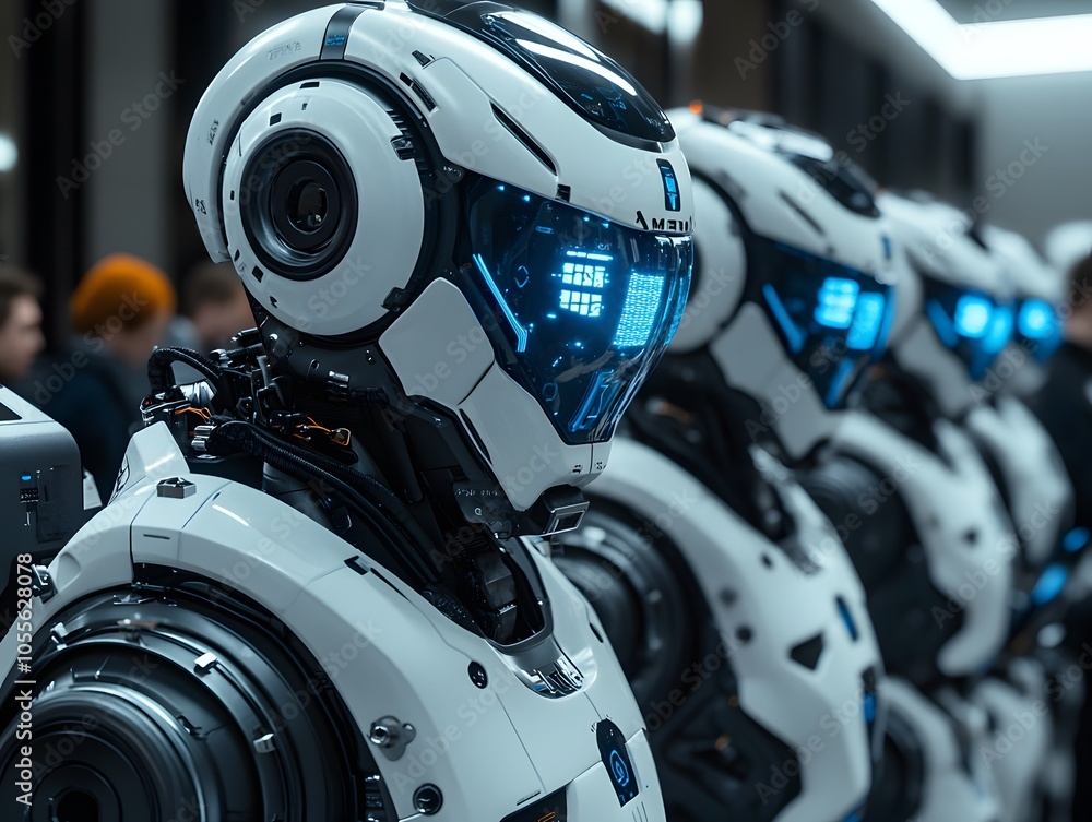 Fototapeta premium A lineup of futuristic robots with illuminated features in a modern setting.