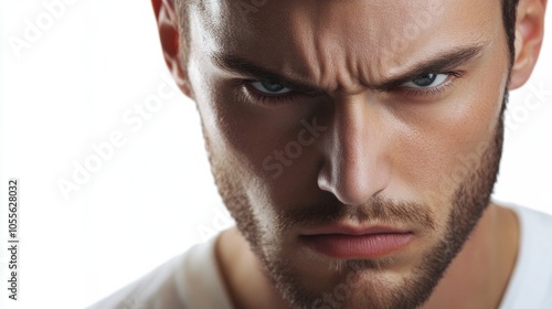 Young man with stubble, short hair, and intense expression, appearing focused, isolated on white