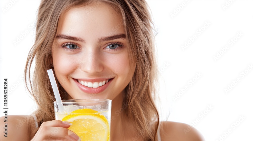 Young woman drinking lemonade with a straw, smiling and appearing refreshed, isolated on white Young woman drinking lemonade with a straw, smiling and appearing refreshed, isolated on white