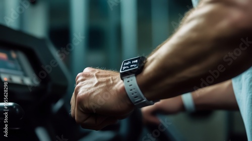 A person is monitoring their workout progress on a smartwatch during an indoor gym session. The wristwatch displays vital fitness data as the individual engages in physical activity.