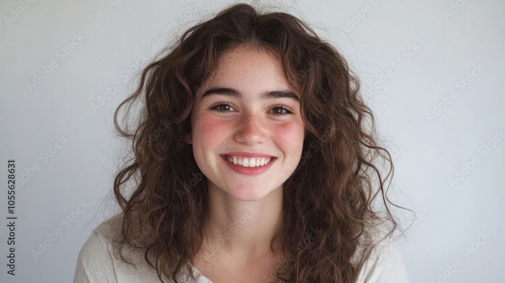 Young woman with curly hair, clean face, and bright smile, appearing confident and cheerful, isolated on white Young woman with curly hair, clean face, and bright smile, appearing confident and cheerful, isolated on white