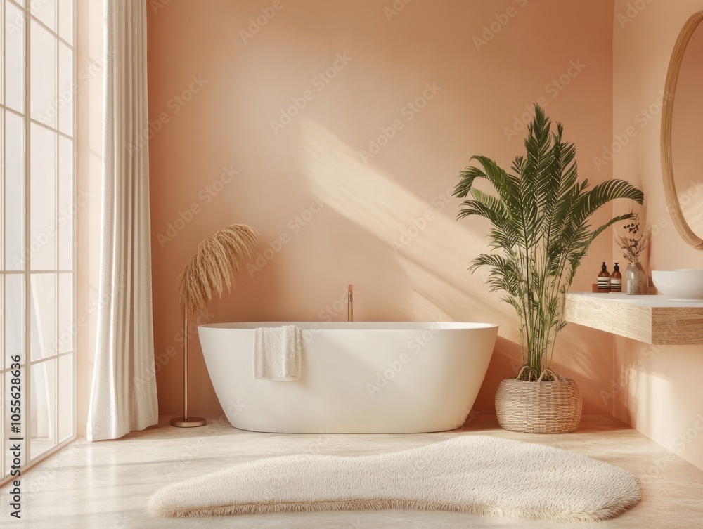 Peach walls paired with neutral tones and minimal decor for a peaceful, modern spa room Peach walls paired with neutral tones and minimal decor for a peaceful, modern spa room