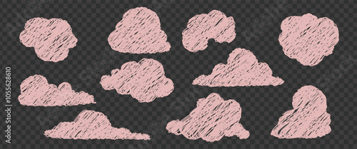 Hand drawn pencil drawing of clouds in pastel color. Kids sketch chalk drawing. Grunge image of the heaven. For design template art children education material.