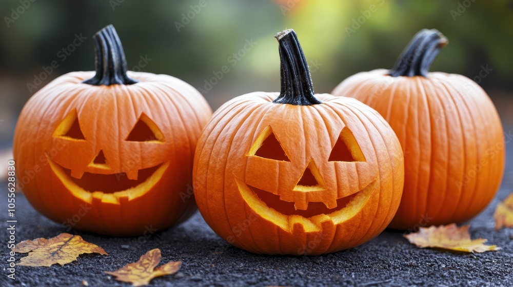 Three intricately carved pumpkins with smiling jack-o'-lantern faces perfectly capturing the Halloween spirit on a vibrant fall day with colorful leaves Three intricately carved pumpkins with smiling jack-o'-lantern faces perfectly capturing the Halloween spirit on a vibrant fall day with colorful leaves