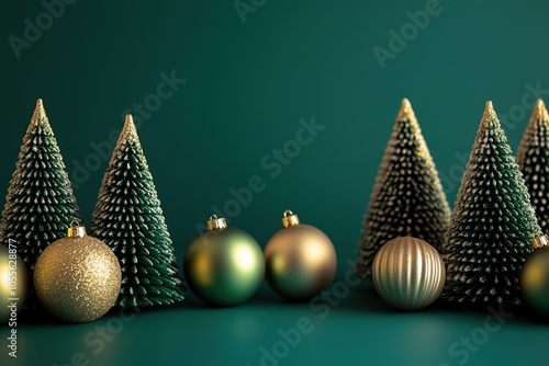 Stylized Christmas trees and golden baubles on green.