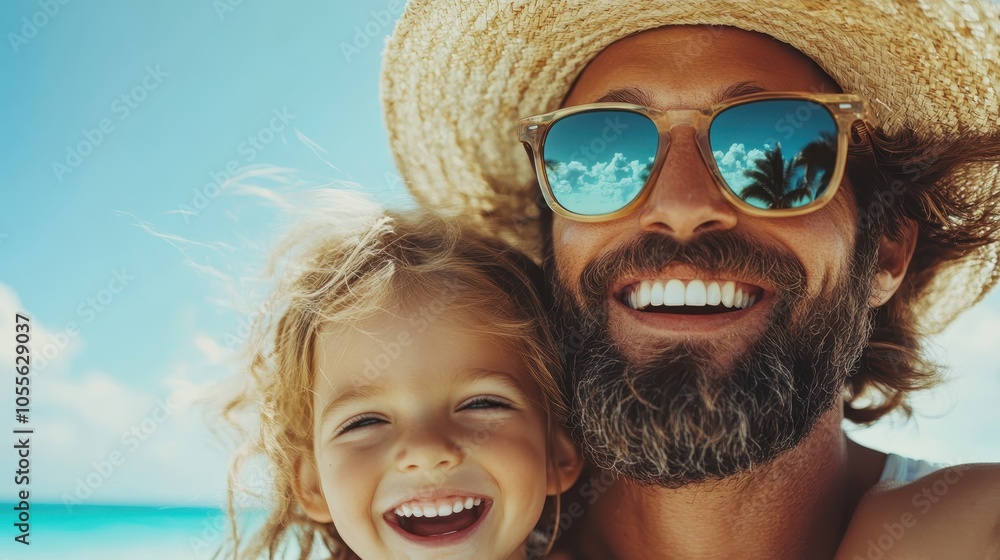 A bearded man and a cheerful child at the seaside, with both smiling widely. The bright environment and close connection highlight their mutual happiness and delight. A bearded man and a cheerful child at the seaside, with both smiling widely. The bright environment and close connection highlight their mutual happiness and delight.