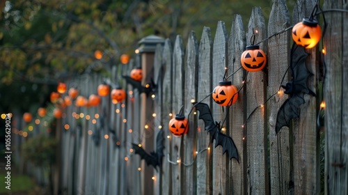 Spooky Halloween-Themed Wooden Fence with Pumpkin Lights and Bat Decorations