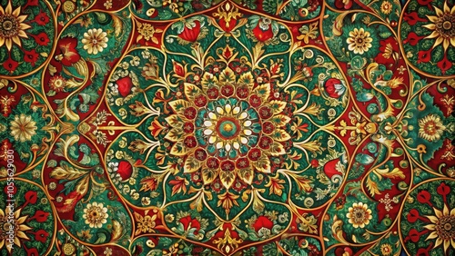 A symmetrical pattern of gold, red, and green floral motifs creates a intricate and dazzling design.