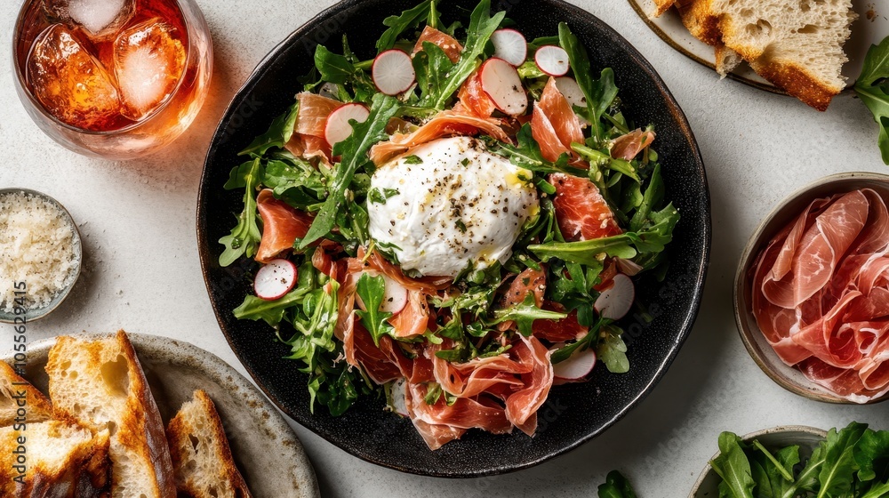 This gourmet salad is a colorful composition of fresh arugula, rich burrata, and savory prosciutto, artfully arranged and served with a refreshing drink on the side. This gourmet salad is a colorful composition of fresh arugula, rich burrata, and savory prosciutto, artfully arranged and served with a refreshing drink on the side.