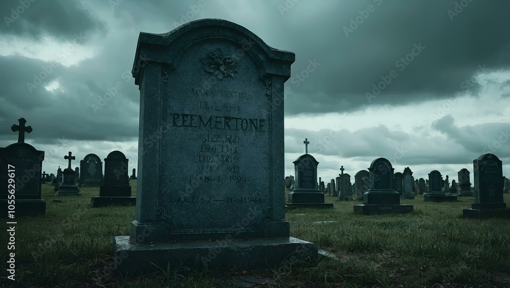 Fototapeta premium Abandoned gravestone in eerie cemetery under dramatic cloudy sky