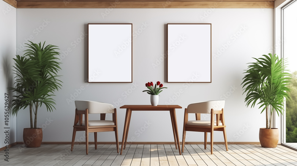 Empty white poster frames in modern dining room interior on the wall next to the table.
Empty white poster frames in modern dining room interior on the wall next to the table.