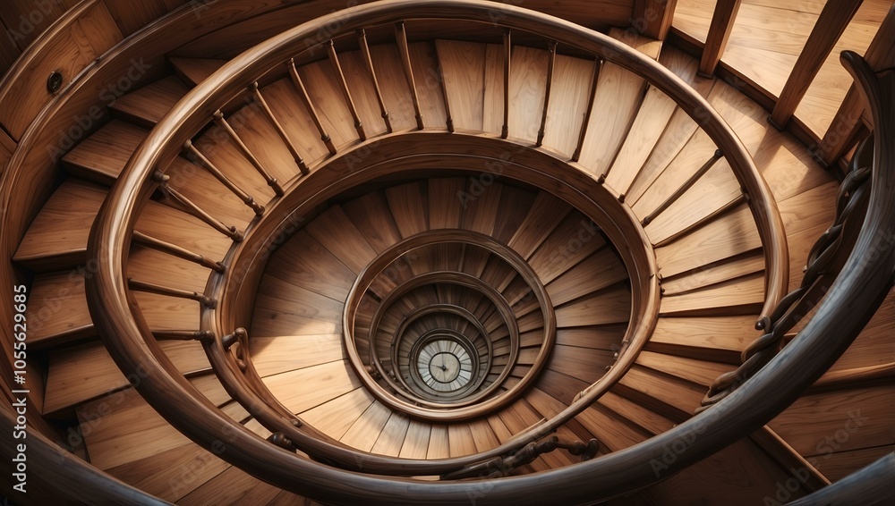 Fototapeta premium Top view of wooden spiral staircase showcasing intricate patterns and craftsmanship