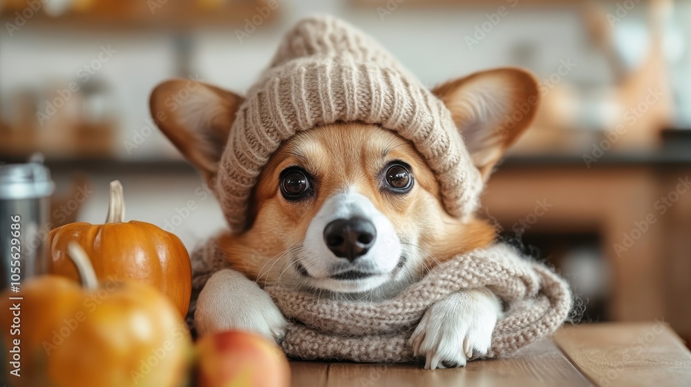 A cute and curious dog in a knitted wool hat gazes at the camera amid fall-themed decor with pumpkins, offering a seasonal and warm atmosphere. A cute and curious dog in a knitted wool hat gazes at the camera amid fall-themed decor with pumpkins, offering a seasonal and warm atmosphere.
