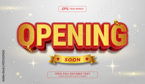 Red and gold Opening Soon text with ribbon. Editable 3d text effect vector illustration