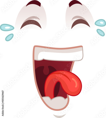 Cartoon face illustration showing a wide open mouth with tongue hanging out, eyes squeezed shut, and tears running down the face