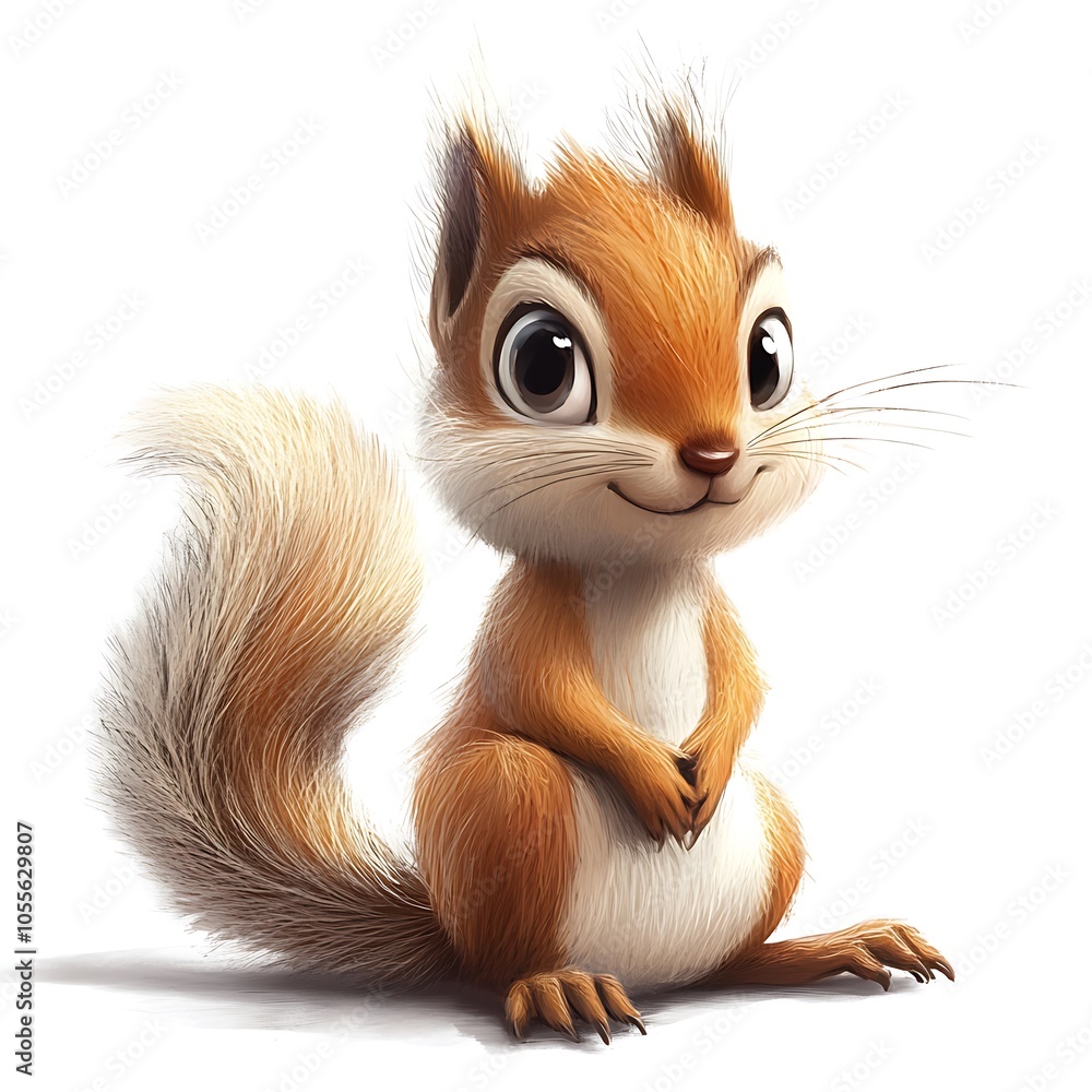 A cartoon squirrel sitting with a bushy tail on a white background. A cartoon squirrel sitting with a bushy tail on a white background.