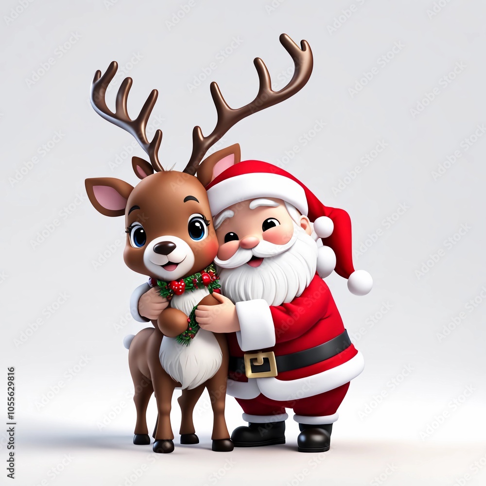 3D render cute kawaii Santa Claus Hugging a Tiny Reindeer, isolated on a solid white background 3D render cute kawaii Santa Claus Hugging a Tiny Reindeer, isolated on a solid white background