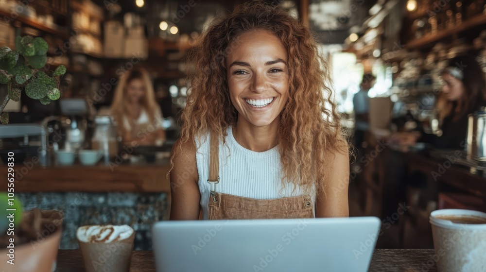 A cheerful woman with curly hair sitting at a rustic cafe, engaged with her laptop. The setting is warm and inviting, adorned with soft lighting and wooden decor. A cheerful woman with curly hair sitting at a rustic cafe, engaged with her laptop. The setting is warm and inviting, adorned with soft lighting and wooden decor.