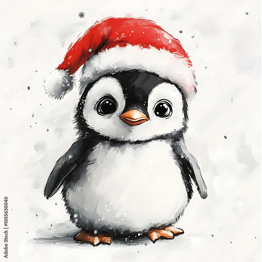 Naklejka premium A cute cartoon penguin wearing a Santa hat on a white background.